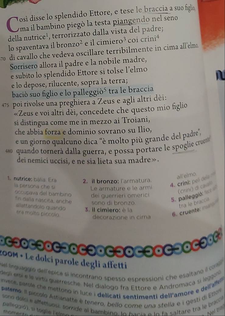 osí disse lo splendido Ettore, e tese le braccia a suo figlio
2 oma il bambino piegó la testa piangendo nel seno
della nutrice¹, terrorizzato dalla vista del padre;
lo spaventava il bro zo^2 e il cimierd 3 coi crini⁴
70 di cavallo che vedeva oscillare terribilmente in cima all’elmo.
Sorrisero allora il padre e la nobile madre,
e subito lo splendido Ettore si tolse l’elmo
e lo depose, rilucente, sopra la terra;
baciò suo figlio e lo palleggiò⁵ tra le braccia
475 poi rivolse una preghiera a Zeus e agli altri dèi:
«Zeus e voi altri dei, concedete che questo mio figlio
si distingua come me in mezzo ai Troiani,
che abbia forza e dominio sovrano su Ilio,
e un giorno qualcuno dica "è molto più grande del padre',
48 quando tornerà dalla guerra, e possa portare le spoglie cruent
dei nemici uccisi, e ne sia lieta sua madre».
4. crini: peli dels all'elmo.
1. nutrice: bália. Era 2. il bronzo: l'armatura.
la persona che si
Le armature e le armi
occupava del bambino dei guerrieri omerici
fin dalla nascitä, anche sono di bronzo.
5. palleggiò: fece i (críni) di ca
allattandolo quando  3. il cimiero: è la
ra molto píccolo
6. cruente: insan tra le braccia
decorazione in cima
200M • Le dolci parole degli affetti
Nel linguaggió dellépica si incontrano spesso espressioni che esaltano il co 
degli eroi e le virtú guerresche. Nel dialogo fra Ettore e Andromaca si leggon
nvece, parole che mettono in luce i delicati sentimenti dell'amore e delPaffel
patemo. Il piccolo Astianatte é tenero, bello come una stella e i gesti di Ettoe
sono delci e affettuosi, sorride al bambino, le hacía e lo fa saltare tra le brac
palle ió, si toglie lelm 
momen t o  
No  trin