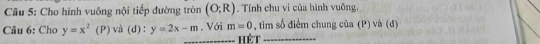 Cho hình vuông nội tiếp dường tròn (O;R). Tính chu vi của hình vuông. 
Câu 6: Cho y=x^2 (P) và (d) : y=2x-m. Với m=0 , tìm số điểm chung của (P) và (d) 
_Hét_