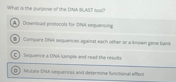 Solved: What is the purpose of the DNA BLAST tool? A Download protocols ...