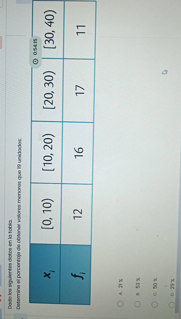 Dado los siguientes datos en la tabla.
Determine el porcentaje de obtener valores menores que 19 unidades:
A. 21 %
B. 53 %
c. 50 %
D. 29%