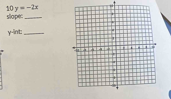 10y=-2x
slope:_
y -int:_