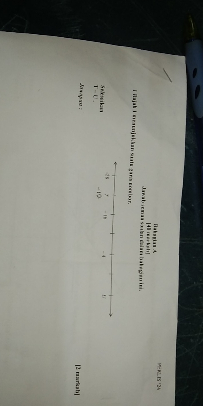 PERLIS ‘24 
Bahagian A 
[40 markah] 
Jawab semua soalan dalam bahagian ini. 
1 Rajah 1 menunjukkan suatu garis nombor. 
Selesaikan
T-U. 
Jawapan : [2 markah]