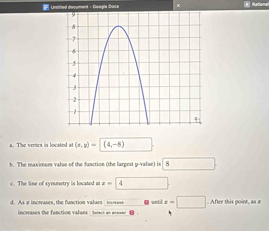 Untitled document - Google Docs × R Rational 
a. The vertex is located at (x,y)= (4,-8)
b. The maximum value of the function (the largest y -value) is ; 8
c. The line of symmetry is located at x= 4
d. As x increases, the function values increase until x=□. After this point, as x
increases the function values Select an answer .