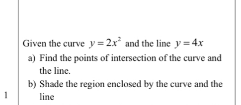 Given the curve y=2x^2 and the line y=4x
a) Find the points of intersection of the curve and
the line.
b) Shade the region enclosed by the curve and the
1 line