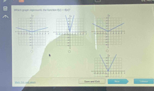 Which graph represents the function f(x)=4|x|

^ 
Mark this and return Save and Exit Neaa Sutmd