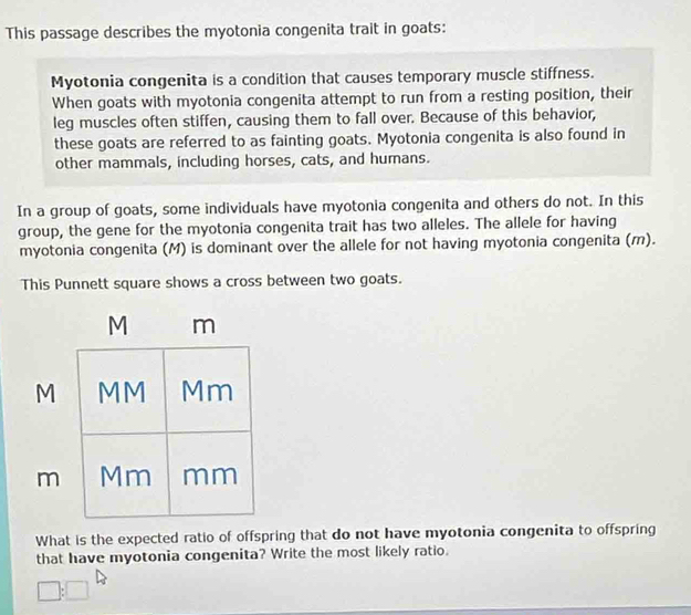 This passage describes the myotonia congenita trait in goats: 
Myotonia congenita is a condition that causes temporary muscle stiffness. 
When goats with myotonia congenita attempt to run from a resting position, their 
leg muscles often stiffen, causing them to fall over. Because of this behavior, 
these goats are referred to as fainting goats. Myotonia congenita is also found in 
other mammals, including horses, cats, and humans. 
In a group of goats, some individuals have myotonia congenita and others do not. In this 
group, the gene for the myotonia congenita trait has two alleles. The allele for having 
myotonia congenita (M) is dominant over the allele for not having myotonia congenita (m). 
This Punnett square shows a cross between two goats.
M m
M MM Mm
m Mm mm 
What is the expected ratio of offspring that do not have myotonia congenita to offspring 
that have myotonia congenita? Write the most likely ratio.