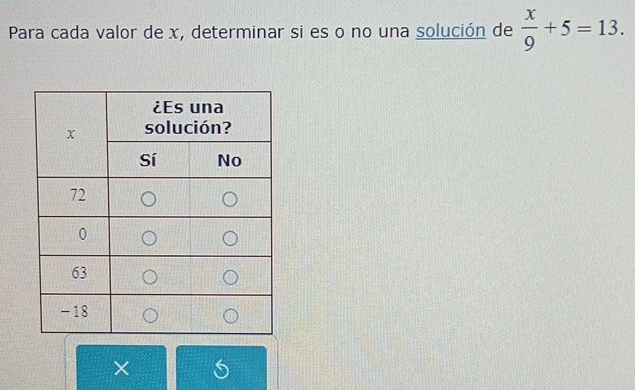 Para cada valor de x, determinar si es o no una solución de  x/9 +5=13. 
×