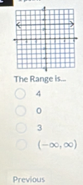 The Range is...
4
0
3
(-∈fty ,∈fty )
Previous