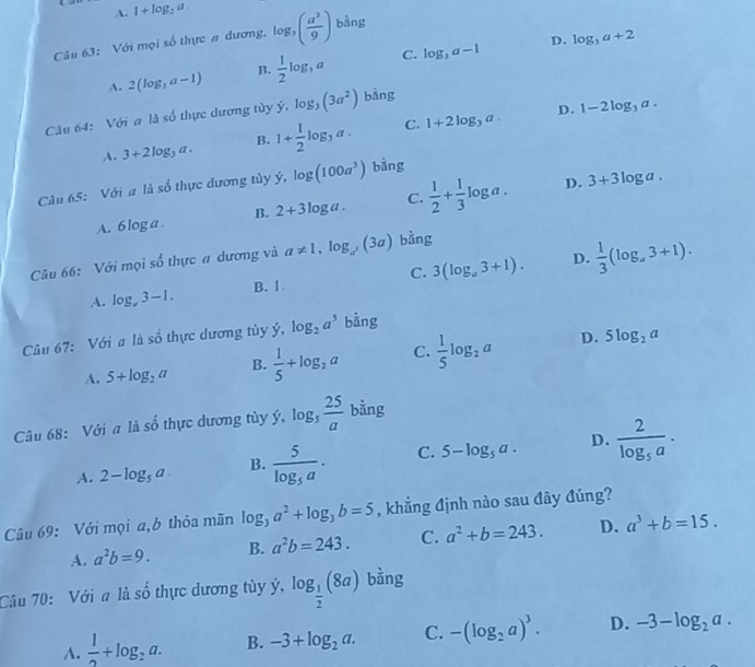 A. 1+log _2a.
D. log _3a+2
Câu 63: Với mọi số thực # dương, log _3( a^2/9 ) bằng
A. 2(log _3a-1) B.  1/2 log _3a C. log _3a-1
D. 1-2log _3a.
Câu 64: Với a là số thực dương tùy dot y,log _3a^2) bǎng
A. 3+2log _3a. B. 1+ 1/2 log _3a. C. 1+2log _3a.
Câu 65: Với a là số thực dương tủy ý dot y,log (100a^3) bằng
A. 6 log a B. 2+3log a. C.  1/2 + 1/3 log a. D. 3+3log a.
Câu 66: Với mọi shat o thực a dương và a!= 1,log _a^3(3a) bằng
A. log _a3-1. B. 1 C. 3(log _a3+1). D.  1/3 (log _a3+1).
Câu 67: Với a là số thực dương tùy ý, log _2a^5 bằng
A. 5+log _2a B.  1/5 +log _2a C.  1/5 log _2a D.
5log _2a
Câu 68: Với a là số thực dương tùy ý, log _5 25/a  bằng
A. 2-log _5a B. frac 5log _5a· C. 5-log _5a. D. frac 2log _5a.
Câu 69: Với mọi a,b thỏa mãn log _3a^2+log _3b=5 , khẳng định nào sau đây đúng?
A. a^2b=9. B. a^2b=243. C. a^2+b=243. D. a^3+b=15.
Câu 70: Với a là shat o thực dương tùy ý, log _ 1/2 (8a) bằng
A.  1/2 +log _2a. B. -3+log _2a. C. -(log _2a)^3. D. -3-log _2a.