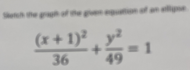 Sletch the gagh of the guan equattion of an ellipie
frac (x+1)^236+ y^2/49 =1