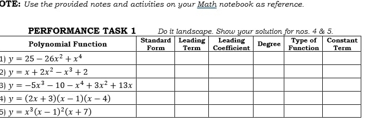 OTE: Use the provided notes and activities on your Math notebook as reference.
1
2
3)
4
5