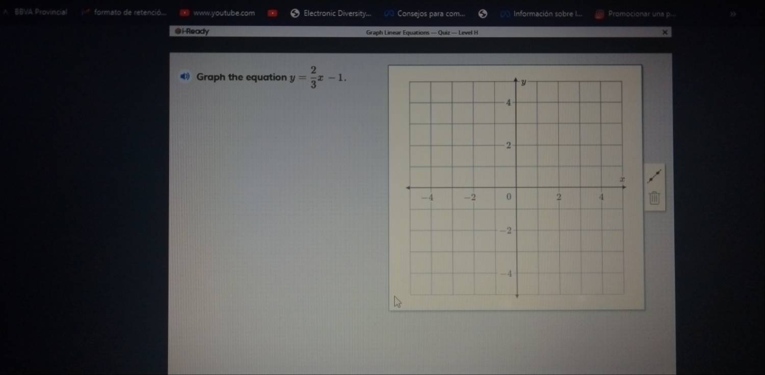 A BBVA Provincial formato de retenció... www.youtube.com Electronic Diversity... Consejos para com... Información sobre I... Promocionar una p. 
@i-Ready Graph Linear Equations — Quiz — Level H × 
《 Graph the equation y= 2/3 x-1.