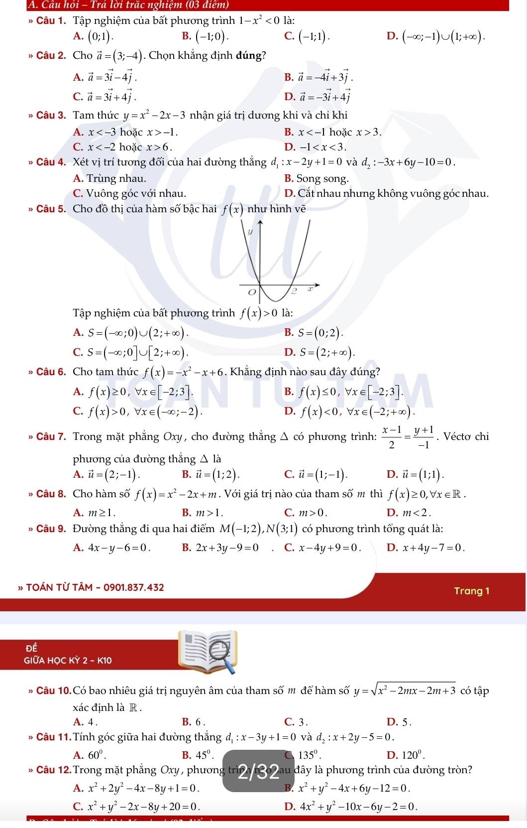 Câu hỏi - Trả lời trăc nghiệm (03 điểm)
* Câu 1. Tập nghiệm của bất phương trình 1-x^2<0</tex> là:
A. (0;1). B. (-1;0). C. (-1;1). D. (-∈fty ;-1)∪ (1;+∈fty ).
» Câu 2. Cho vector a=(3;-4). Chọn khẳng định đúng?
A. vector a=3vector i-4vector j. vector a=-4vector i+3vector j.
B.
C. vector a=3vector i+4vector j. D. vector a=-3vector i+4vector j
» Câu 3. Tam thức y=x^2-2x-3 nhận giá trị dương khi và chỉ khi
A. x hoặc x>-1. B. x hoặc x>3.
C. x hoặc x>6. D. -1
Câu 4. Xét vị trí tương đối của hai đường thẳng d_1:x-2y+1=0 và d_2:-3x+6y-10=0.
A. Trùng nhau. B. Song song.
C. Vuông góc với nhau. D. Cắt nhau nhưng không vuông góc nhau.
Câu 5. Cho đồ thị của hàm số bậc hai f(x) như hình vẽ
Tập nghiệm của bất phương trìn
A. S=(-∈fty ;0)∪ (2;+∈fty ). B. S=(0;2).
C. S=(-∈fty ;0]∪ [2;+∈fty ). D. S=(2;+∈fty ).
» Câu 6. Cho tam thức f(x)=-x^2-x+6. Khẳng định nào sau đây đúng?
A. f(x)≥ 0,forall x∈ [-2;3]. B. f(x)≤ 0,forall x∈ [-2;3].
C. f(x)>0,forall x∈ (-∈fty ;-2). D. f(x)<0,forall x∈ (-2;+∈fty ).
* Câu 7. Trong mặt phẳng Oxy , cho đường thẳng △ c 6 phương trình:  (x-1)/2 = (y+1)/-1 . Véctơ chỉ
phương của đường thẳng △ là
A. vector u=(2;-1). B. vector u=(1;2). C. vector u=(1;-1). D. vector u=(1;1).
» Câu 8. Cho hàm số f(x)=x^2-2x+m. Với giá trị nào của tham số m thì f(x)≥ 0,forall x∈ R.
A. m≥ 1. B. m>1. C. m>0. D. m<2.
* Câu 9. Đường thẳng đi qua hai điểm M(-1;2),N(3;1) có phương trình tổng quát là:
A. 4x-y-6=0. B. 2x+3y-9=0 C. x-4y+9=0. D. x+4y-7=0.
» TOÁN TỪ TÂM - 0901.837.432 Trang 1
Đề
GIUA HỌC KỲ 2 - K10
* Câu 10.Có bao nhiêu giá trị nguyên âm của tham số m để hàm số y=sqrt(x^2-2mx-2m+3) có tập
xác định là R .
A. 4 . B. 6 . C. 3 . D. 5 .
» Câu 11.Tính góc giữa hai đường thắng d_1:x-3y+1=0 và d_2:x+2y-5=0.
A. 60^0. B. 45°. 135°. D. 120^0.
Câu 12. Trong mặt phẳng Oxy , phương trì 132^(au) đây là phương trình của đường tròn?
A. x^2+2y^2-4x-8y+1=0. x^2+y^2-4x+6y-12=0.
B.
C. x^2+y^2-2x-8y+20=0. D. 4x^2+y^2-10x-6y-2=0.