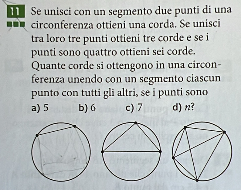 Se unisci con un segmento due punti di una
circonferenza ottieni una corda. Se unisci
tra loro tre punti ottieni tre corde e se i
punti sono quattro ottieni sei corde.
Quante corde si ottengono in una circon-
ferenza unendo con un segmento ciascun
punto con tutti gli altri, se i punti sono
a) 5 b) 6 c) 7 d) n?