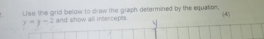 Use the grid below to draw the graph determined by the equation, 
(4)
y=x-2 and show all intercepts.