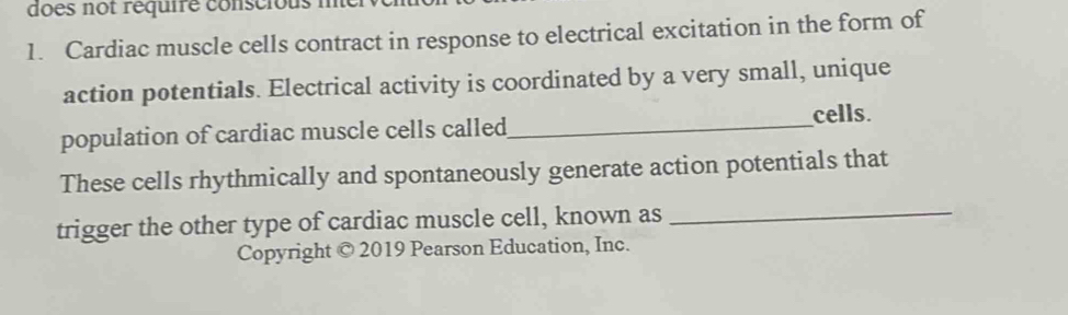 does not réquire conscious me 
1. Cardiac muscle cells contract in response to electrical excitation in the form of 
action potentials. Electrical activity is coordinated by a very small, unique 
population of cardiac muscle cells called_ cells. 
These cells rhythmically and spontaneously generate action potentials that 
trigger the other type of cardiac muscle cell, known as_ 
Copyright © 2019 Pearson Education, Inc.