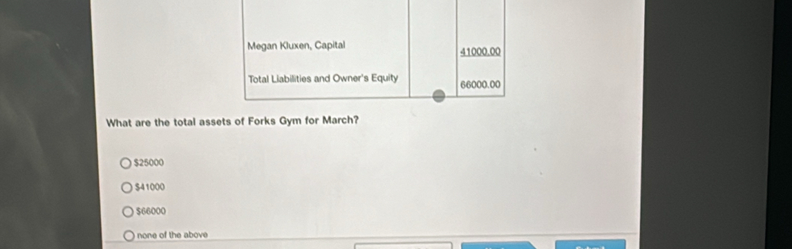 Megan Kluxen, Capital 41000.00
Total Liabilities and Owner's Equity 66000.00
What are the total assets of Forks Gym for March?
$25000
$41000
$66000
none of the above