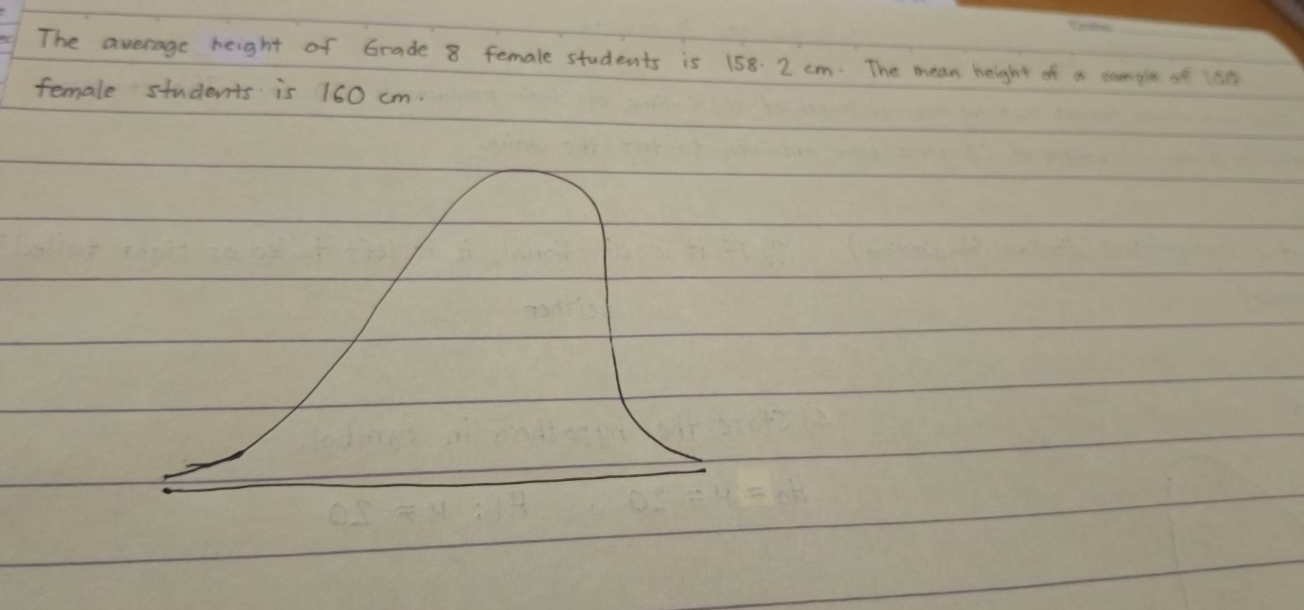 The average height of Grade 8 female students is 158. 2 cm. The mean height of a comple of 1o0
female students is 160 cm.