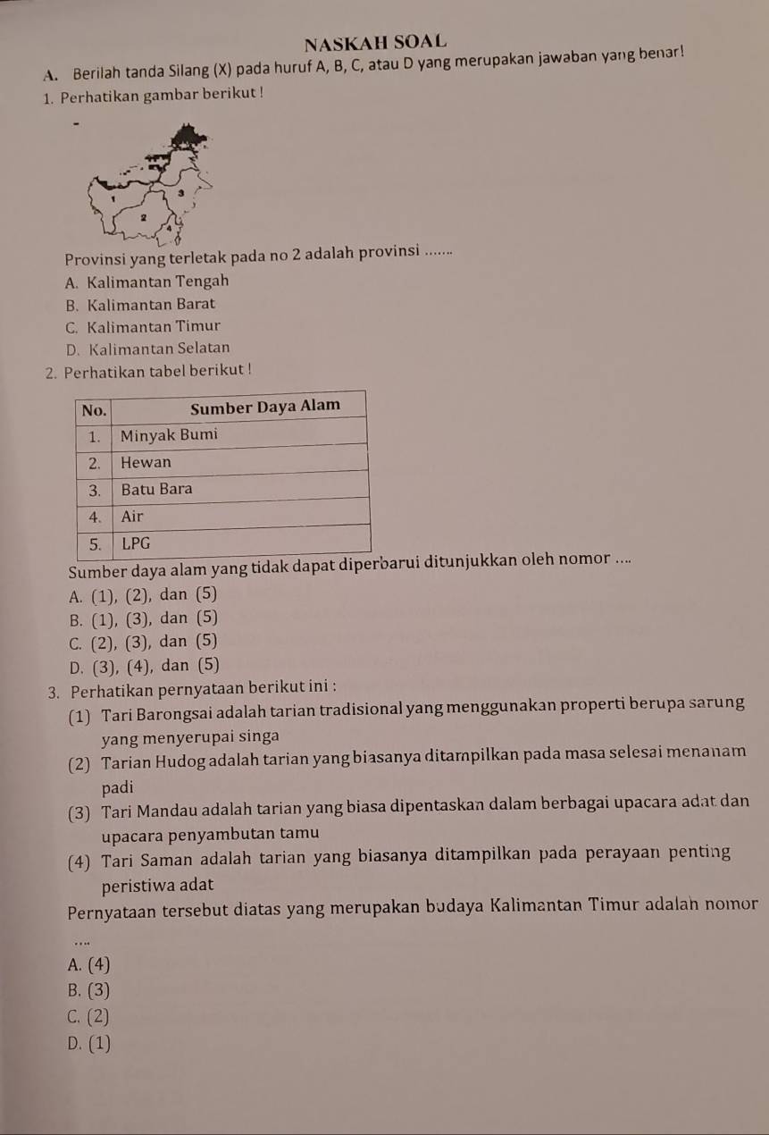 NASKAH SOAL
A. Berilah tanda Silang (X) pada huruf A, B, C, atau D yang merupakan jawaban yang benar!
1. Perhatikan gambar berikut !
Provinsi yang terletak pada no 2 adalah provinsi .......
A. Kalimantan Tengah
B. Kalimantan Barat
C. Kalimantan Timur
D. Kalimantan Selatan
2. Perhatikan tabel berikut !
Sumber daya alam yang tidak drui ditunjukkan oleh nomor ....
A. (1), (2), dan (5)
B. (1), (3), dan (5)
C. (2), (3), dan (5)
D. (3), (4), dan (5)
3. Perhatikan pernyataan berikut ini :
(1) Tari Barongsai adalah tarian tradisional yang menggunakan properti berupa sarung
yang menyerupai singa
(2) Tarian Hudog adalah tarian yang biasanya ditampilkan pada masa selesai menanam
padi
(3) Tari Mandau adalah tarian yang biasa dipentaskan dalam berbagai upacara adat dan
upacara penyambutan tamu
(4) Tari Saman adalah tarian yang biasanya ditampilkan pada perayaan penting
peristiwa adat
Pernyataan tersebut diatas yang merupakan budaya Kalimantan Timur adalah nomor
A. (4)
B. (3)
C. (2)
D. (1)