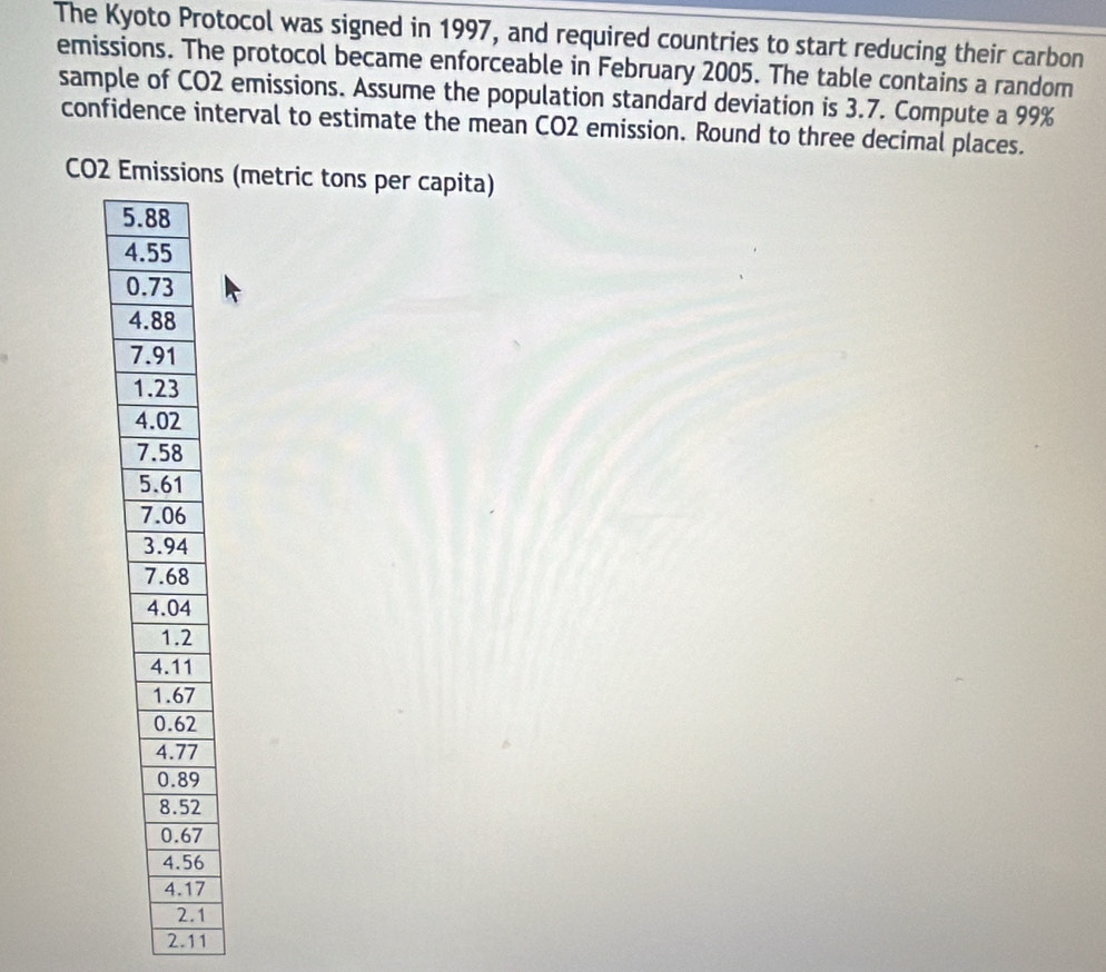 The Kyoto Protocol was signed in 1997, and required countries to start reducing their carbon
emissions. The protocol became enforceable in February 2005. The table contains a random
sample of CO2 emissions. Assume the population standard deviation is 3.7. Compute a 99%
confidence interval to estimate the mean CO2 emission. Round to three decimal places.
CO2 Emins (metric tons per capita)
5
7
6
7
1
2.11