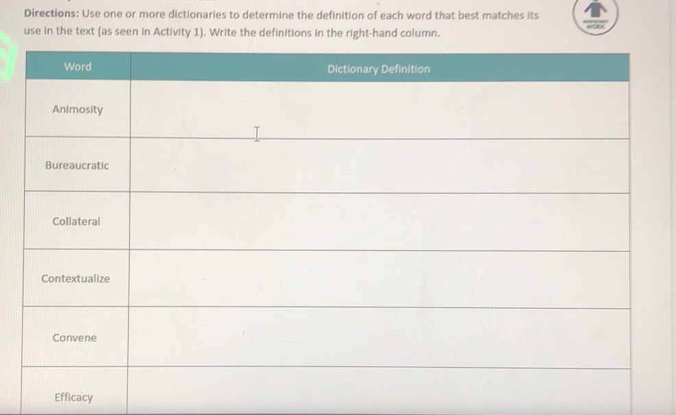 Directions: Use one or more dictionaries to determine the definition of each word that best matches its 
use in the text (as seen in Activity 1). Write the definitions in the right-hand column. 
Efficacy