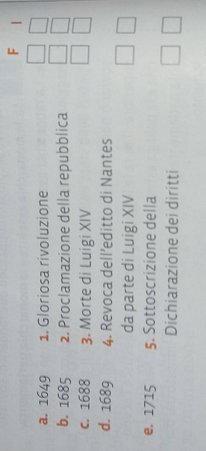 a. 1649 1. Gloriosa rivoluzione
b. 1685 2. Proclamazione della repubblica
c. 1688 3. Morte di Luigi XIV
d. 1689 4. Revoca dell’editto di Nantes
da parte di Luigi XIV
e. 1715 5. Sottoscrizione della
Dichiarazione dei diritti