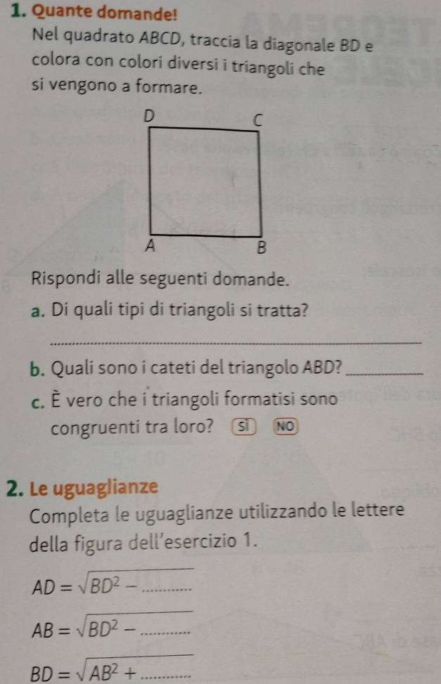 Quante domande!
Nel quadrato ABCD, traccia la diagonale BD e
colora con colori diversi i triangoli che
si vengono a formare.
Rispondi alle seguenti domande.
a. Di quali tipi di triangoli si tratta?
_
b. Quali sono i cateti del triangolo ABD?_
c. È vero che i triangoli formatisi sono
congruenti tra loro? si No
2. Le uguaglianze
Completa le uguaglianze utilizzando le lettere
della figura dell’esercizio 1.
AD=sqrt(BD^2-...)
AB=sqrt(BD^2-...)
BD=sqrt(AB^2+...)