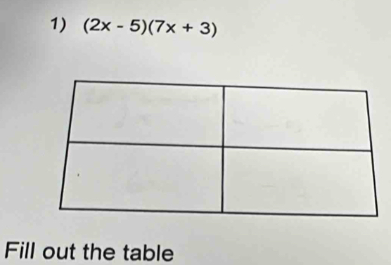 (2x-5)(7x+3)
Fill out the table