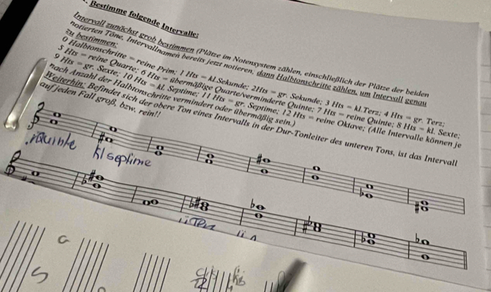 Bestimme folgende Intervalle 
5 Hts=
0 Halbtonschritte = reine Prim: 
Dutervall zunächst grob bestimmen (Plätze im Notensystem zählen, einschließlich der Plätze der beide 
D His=gr reine Quarte; Sexte, 10Hts=kL 6H_ts=6 IHts=kLSe
zu bestimmen: Potierten Töne, Intervallnamen bereits jetzt notieren, dann Halbtonschritte zählen, um Intervall gena 
d 
auf jeden Fall groß, bzw. rein!! 
Septime IIHts=gr 2Hts=gr Sekunde; 3Hts=kl.Terz:4Hts=gr. rei
nach Anzahl der Halbtonschritte vermindert oder übermäßig sein. Septime; 12Hts=n 7Hts= eine Oktave; (Alle Intervalle können je 
* Quinte: 
Veiterhin; Befindet sich der obere Ton eines Intervalls in der Dur-Tonleiter des unteren Tons, ist das Interval
40° O_1 Terz; 
o a inte : 8Hts=kl. Sexte:
0
o 8
o
5" 0 
bo
8
8
0
# 8
8 bo
0