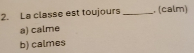 La classe est toujours _. (calm)
a) calme
b) calmes