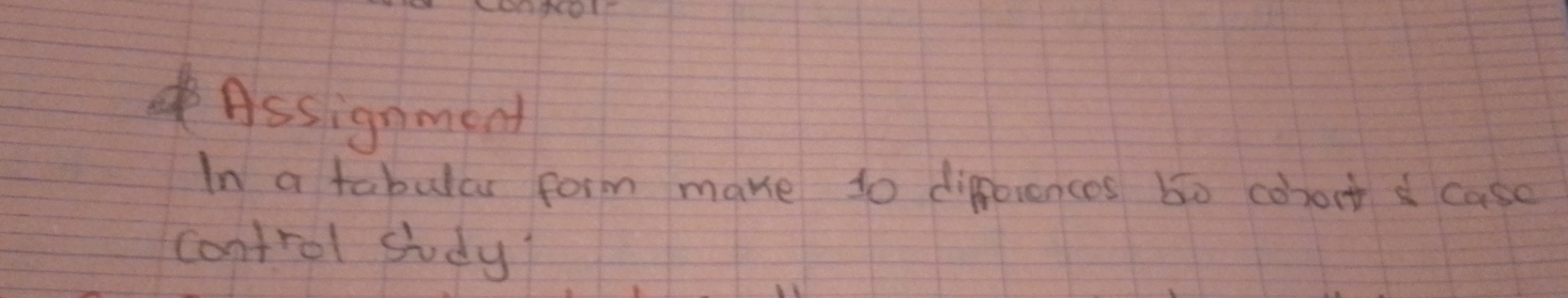 Assignment 
In a tabular form make to difforences bo cohort case 
control study