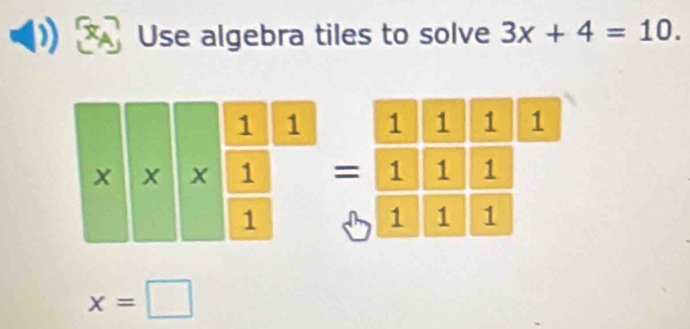 Use algebra tiles to solve 3x+4=10. 

=
x=□