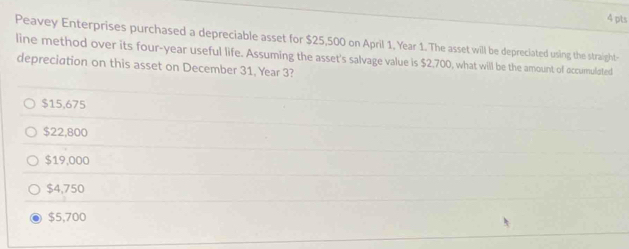 Peavey Enterprises purchased a depreciable asset for $25,500 on April 1, Year 1. The asset will be depreciated using the straight-
line method over its four-year useful life. Assuming the asset's salvage value is $2,700, what will be the amount of occumulated
depreciation on this asset on December 31, Year 3?
$15,675
$22,800
$19,000
$4,750
$5,700