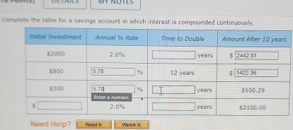 Complete the table for a savings account in which interest is compounded continuously. 
Need Help? Read It Watch It