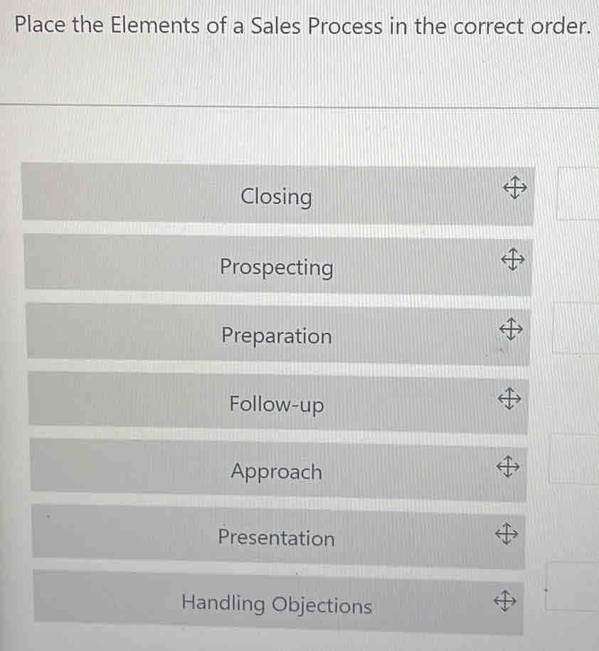 Place the Elements of a Sales Process in the correct order. 
Closing 
Prospecting 
Preparation 
Follow-up 
Approach 
Presentation 
Handling Objections