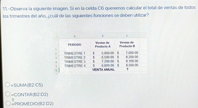 11.-Observa la siguiente imagen. Si en la celda C6 queremos calcular el total de ventas de todos
los trimestres del año, ¿cuál de las siguientes funciones se deben utilizar?
=SUMA(B2:C5)
=CONTAR(B2:D2)
= PROMEDIO(B2:D2)