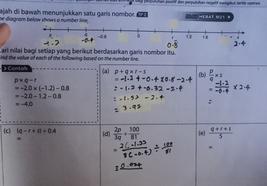 Bagi perpuluhan positif dan perpuluhan negatif mengikut tertib operasi.
ajah di bawah menunjukkan satu garis nombor. TP2 Modn HEBAT M21
he diagram below shows a number line.
Cari nilai bagi setiap yang berikut berdasarkan garis nombor itu.
find the value of each of the following based on the number line.
》
(