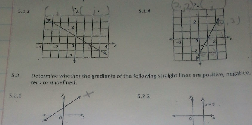 5.2   Determine whether the gradients of the following straight lines are positive, negative,
zero or undefined.
5.2.1 5.2.2