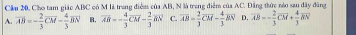 Cho tam giác ABC có M là trung điểm của AB, N là trung điểm của AC. Đằng thức nào sau đây đúng
A. vector AB=- 2/3 vector CM- 4/3 vector BN B. vector AB=- 4/3 vector CM- 2/3 vector BN C. vector AB= 2/3 vector CM- 4/3 vector BN D. vector AB=- 2/3 vector CM+ 4/3 vector BN