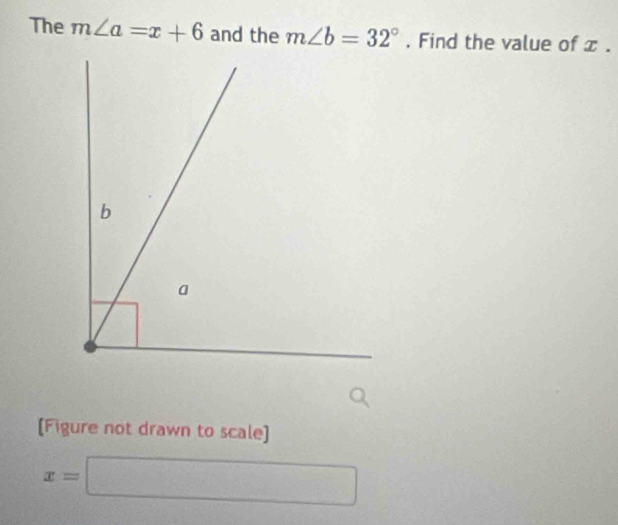 The m∠ a=x+6 and the m∠ b=32°. Find the value of x. 
[Figure not drawn to scale]
x=□