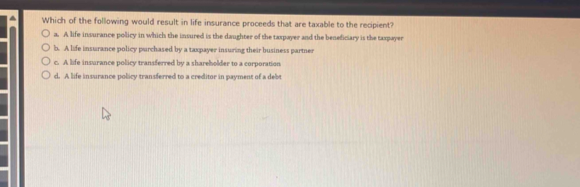 Which of the following would result in life insurance proceeds that are taxable to the recipient?
a. A life insurance policy in which the insured is the daughter of the taxpayer and the beneficiary is the taxpayer
b. A life insurance policy purchased by a taxpayer insuring their business partner
c. A life insurance policy transferred by a shareholder to a corporation
d. A life insurance policy transferred to a creditor in payment of a debt