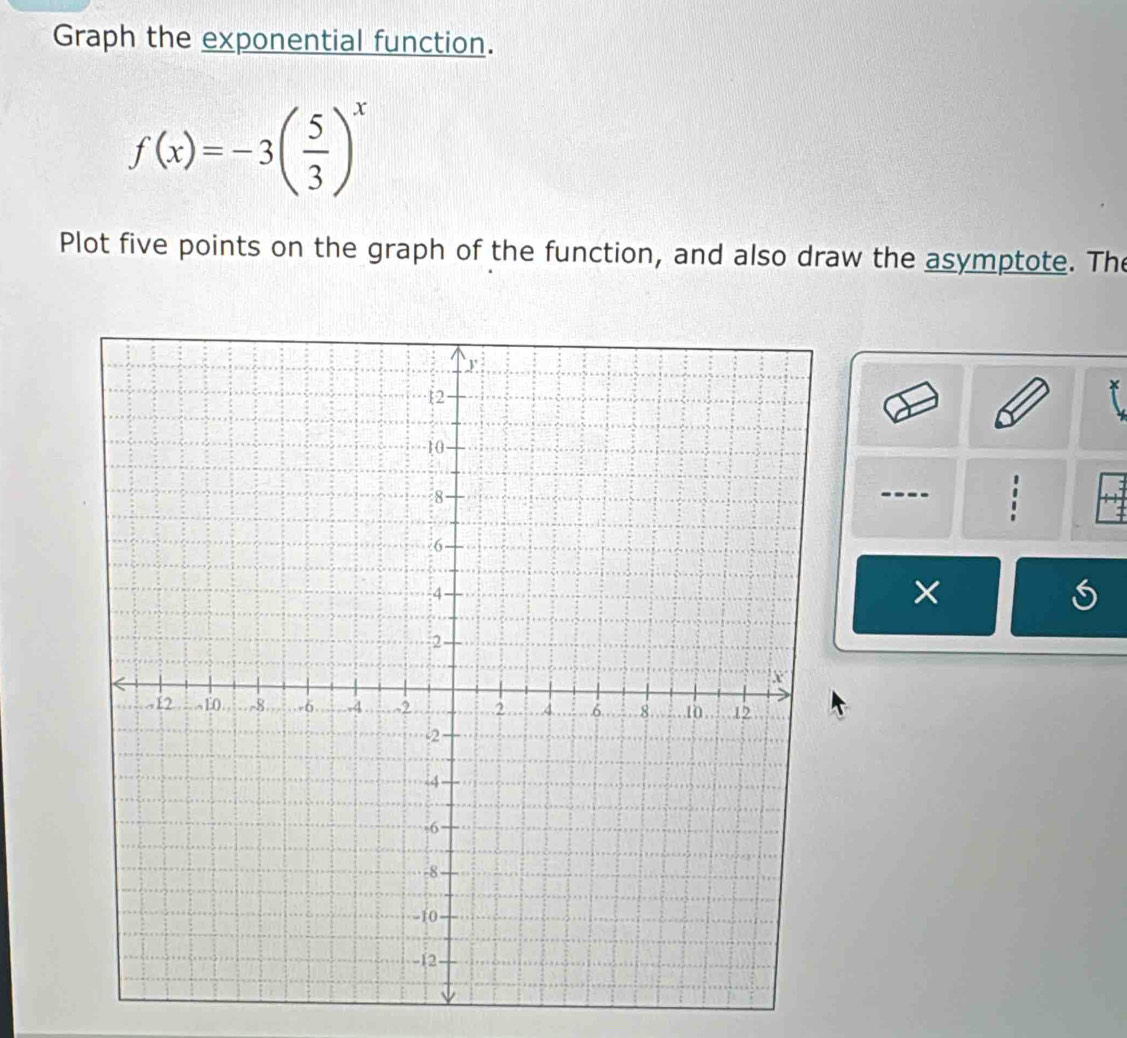 Graph the exponential function.
f(x)=-3( 5/3 )^x
Plot five points on the graph of the function, and also draw the asymptote. The 
-- : 
×