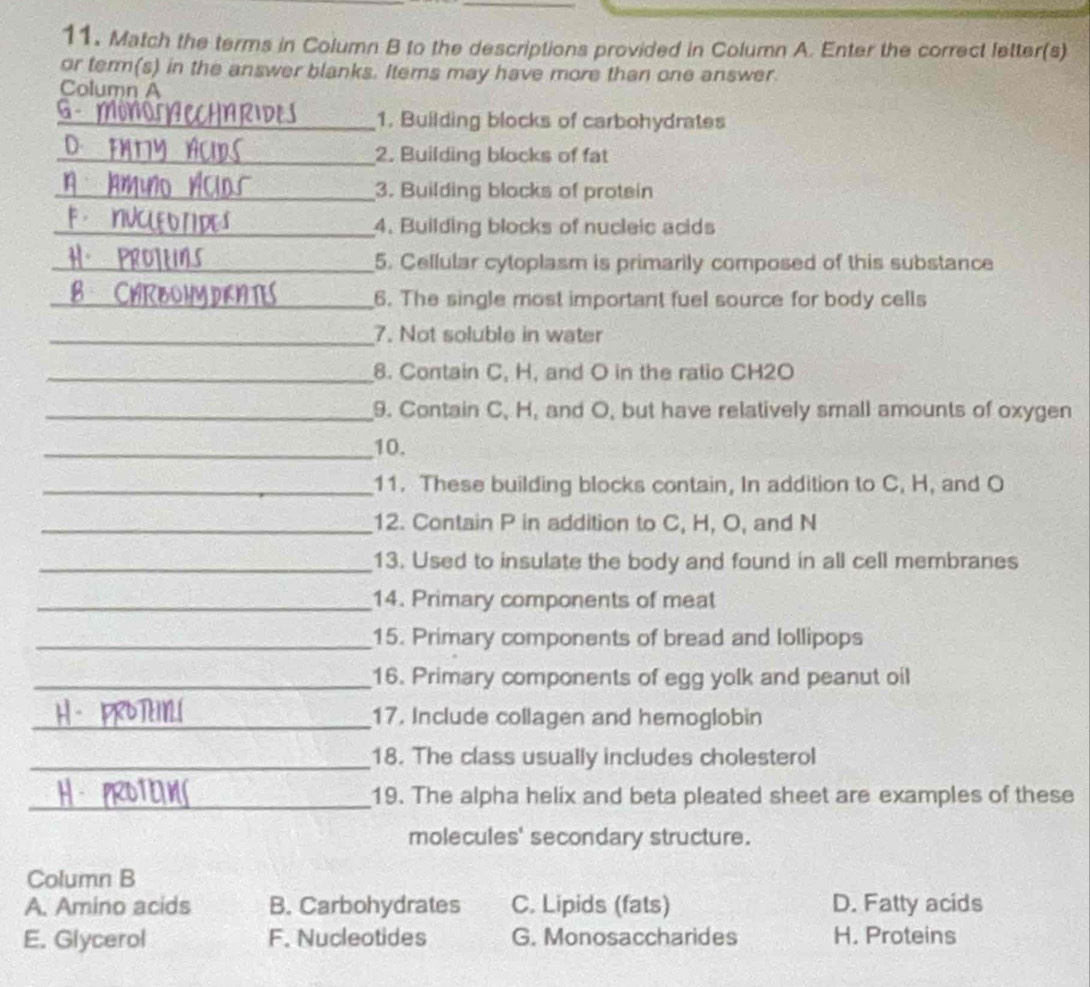 Match the terms in Column B to the descriptions provided in Column A. Enter the correct letter(s)
or term(s) in the answer blanks. Items may have more than one answer.
Column A
_1. Building blocks of carbohydrates
_2. Building blocks of fat
_3. Building blocks of protein
_4. Building blocks of nucleic acids
_5. Cellular cytoplasm is primarily composed of this substance
_6. The single most important fuel source for body cells
_7. Not soluble in water
_8. Contain C, H, and O in the ratio CH2O
_9. Contain C, H, and O, but have relatively small amounts of oxygen
_10.
_11. These building blocks contain, In addition to C, H, and O
_12. Contain P in addition to C, H, O, and N
_13. Used to insulate the body and found in all cell membranes
_14. Primary components of meat
_15. Primary components of bread and lollipops
_16. Primary components of egg yolk and peanut oil
_17. Include collagen and hemoglobin
_18. The class usually includes cholesterol
_19. The alpha helix and beta pleated sheet are examples of these
molecules' secondary structure.
Column B
A. Amino acids B. Carbohydrates C. Lipids (fats) D. Fatty acids
E. Glycerol F. Nucleotides G. Monosaccharides H. Proteins