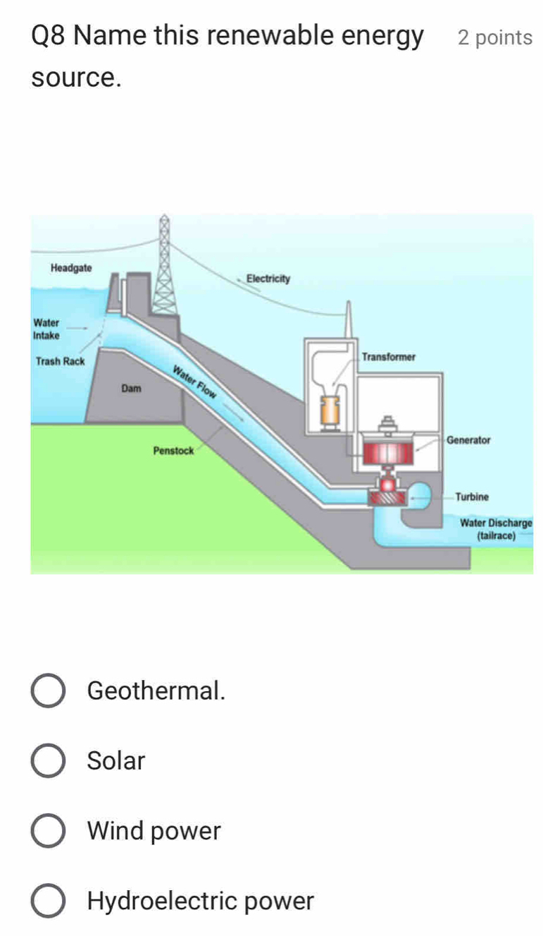 Name this renewable energy 2 points
source.
rge
Geothermal.
Solar
Wind power
Hydroelectric power