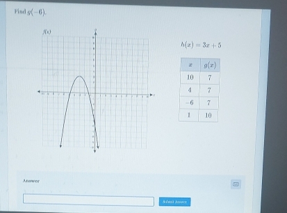 Find g(-6).
h(x)=3x+5
Answer
7
Sudmat Awct