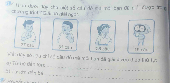 Hình dưới đây cho biết số câu đố mà mỗi bạn đã giải được trong 
chương trình “Giải đố giải ngố”. 
19 câu 
Viết dãy số liệu chỉ số câu đố mà mỗi bạn đã giải được theo thứ tự: 
_ 
a) Từ bé đến lớn: 
_ 
b) Từ lớn đến bé: 
Bô bất ghi chá