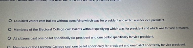 Qualified voters cast ballots without specifying which was for president and which was for vice president.
Members of the Electoral College cast ballots without specifying which was for president and which was for vice president.
All citizens cast one ballot specifically for president and one ballot specifically for vice president.
Members of the Electoral College cast one ballot specifically for president and one ballot specifically for vice president.