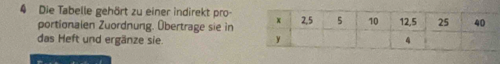 Die Tabelle gehört zu einer indirekt pro- 
portionalen Zuordnung. Übertrage sie in 
das Heft und ergänze sie.