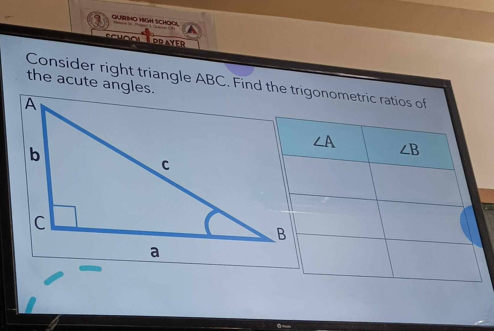 QUIRINO HIGH SCHOOL 
Molave St, Project 3 . Quez on l 
cru LAPRAYER 
Consider right triangle ABC. Find the trigonometric ratios of 
the acute angles.
∠ A
∠ B