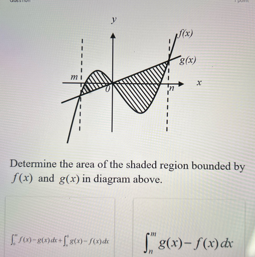 Question
Determine the area of the shaded region bounded by
f(x) and g(x) in diagram above.
∈t _0^mf(x)-g(x)dx+∈t _n^0g(x)-f(x)dx
∈t _n^mg(x)-f(x)dx